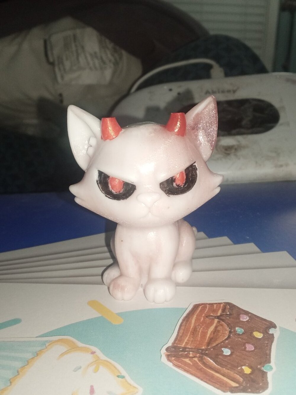 Handmade Devil Cat Mini Statue Pink and White